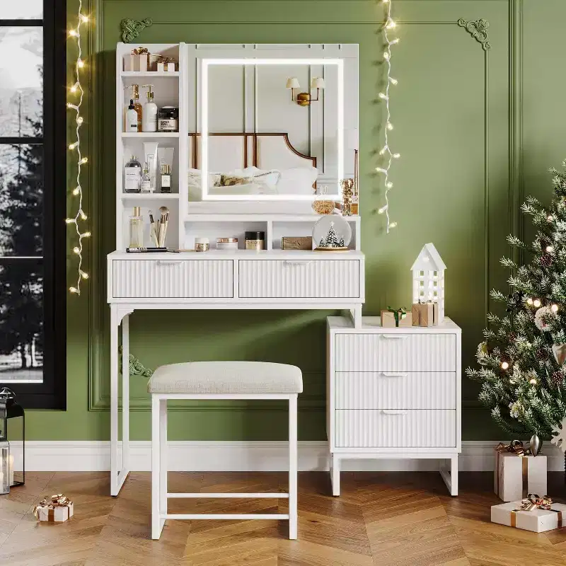 Acekool Makeup Vanity Desk with LED Mirror Lights, 5 Drawers, Removable Side Cabinet & Stool, White Vanity Set for Bedroom