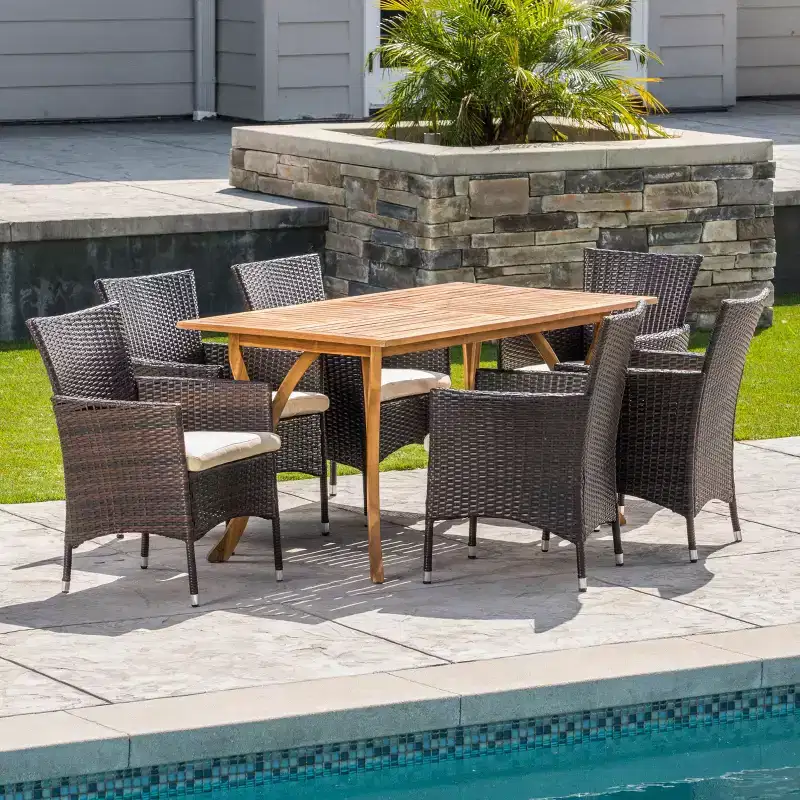 Christopher Knight Home Zain Outdoor Acacia Wood and Wicker 7 Piece Dining Set with Cushion