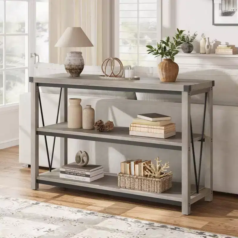 Farmhouse Entryway Table,47 Inch Narrow Long Console Table with Storage, 3 Tier Wood Console Table