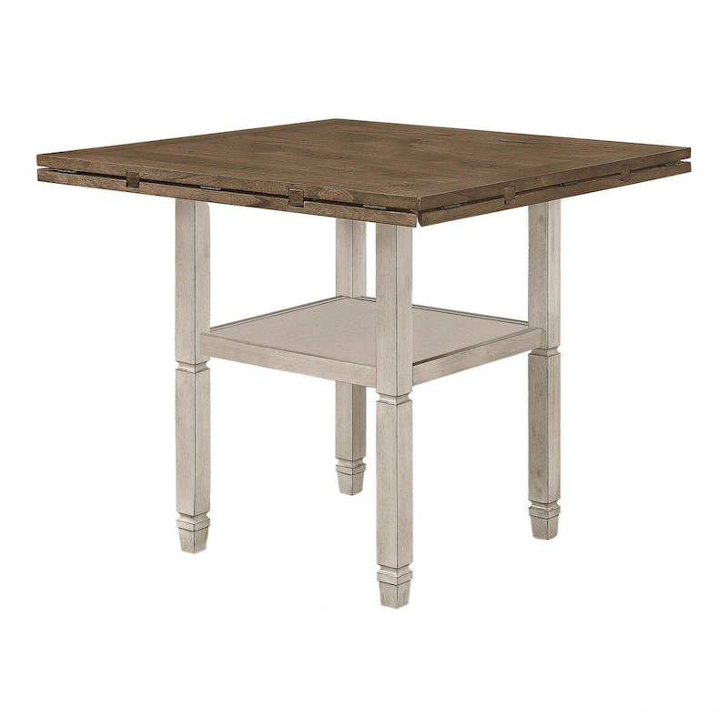 52-60 Inch Counter Height Table, Open Bottom Shelf, 4 Drop Leaves, Brown