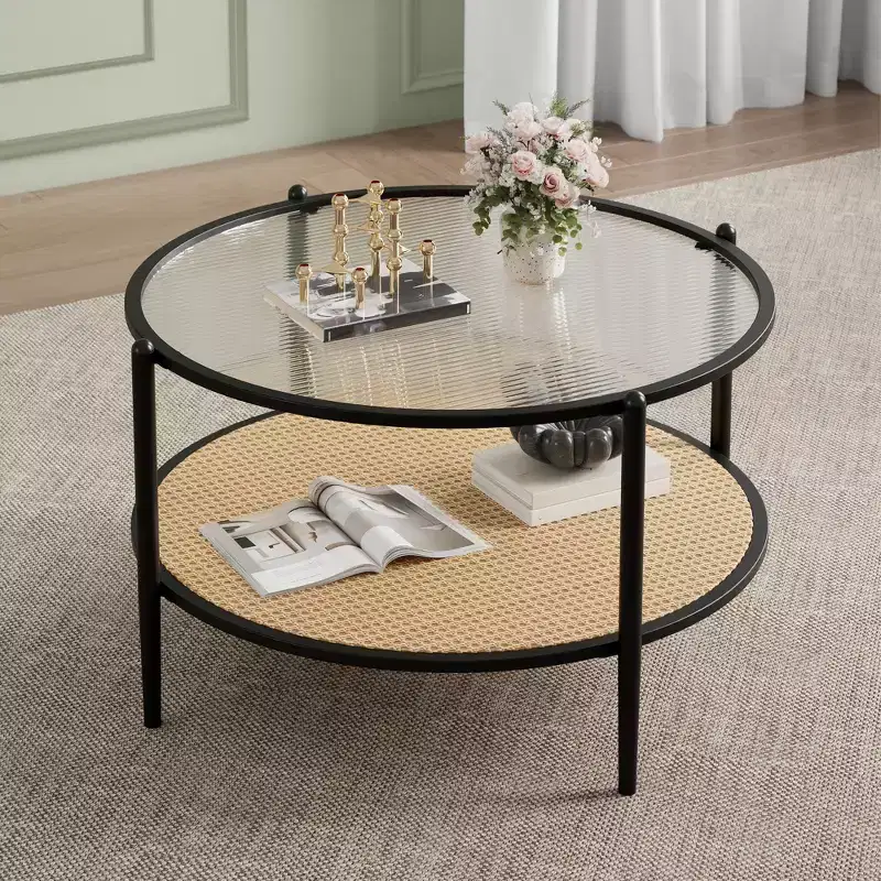 2-Tier Rattan Coffee Table, Metal Boho Tea Center Table, Tempered Glass Top, for Living Room Office Home