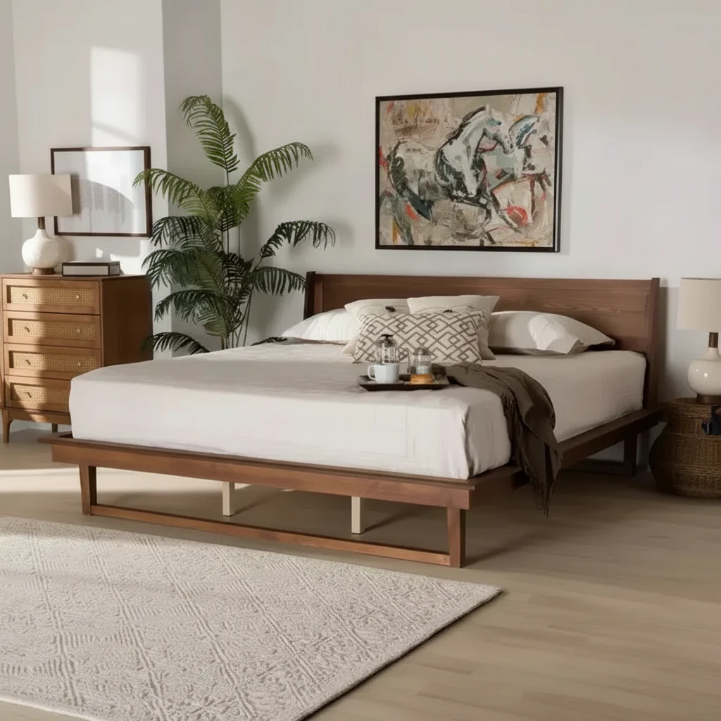 Mid-Century Modern Walnut Wood Platform Bed