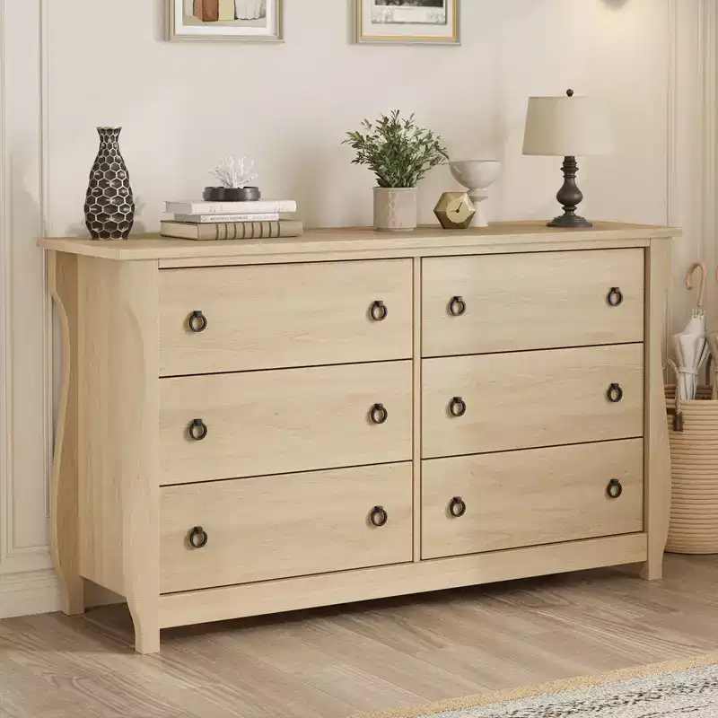 Natural 6 Drawer Dresser, 47 Wide Boho Dresser Organizer with Curved Legs and Large Storage for Living Room, Bedroom, Entryway, Nursery