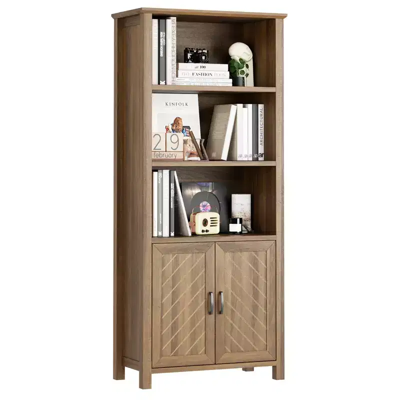 3-Tier Bookshelf, 70'' Tall Bookcase with Doors, Farmhouse Storage Cabinet with Adjustable Shelf and Stable Leg, Floor Standing Display Bookshelves