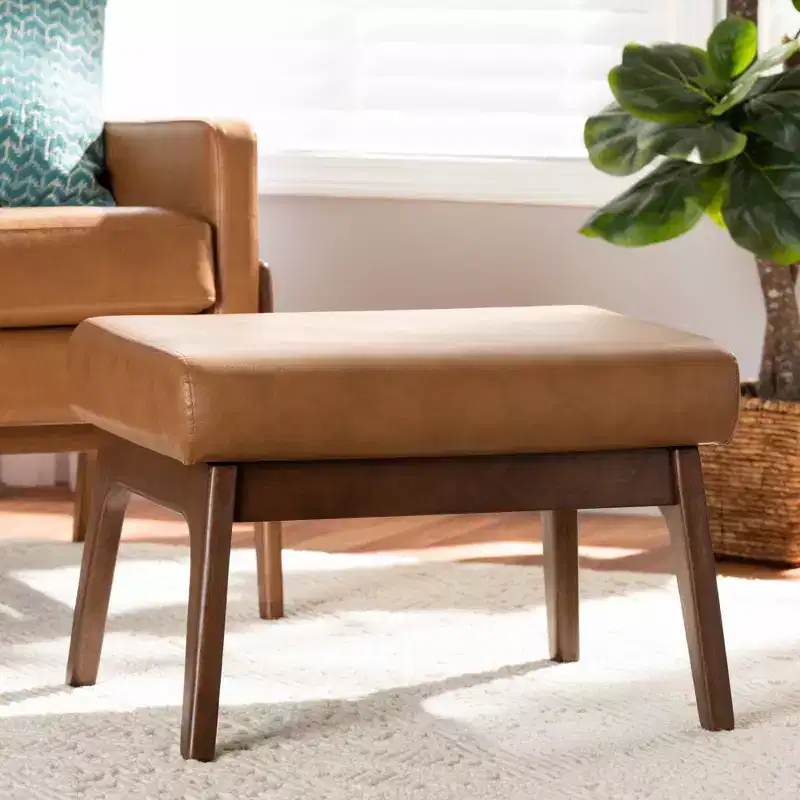 Wood and Tan Faux Leather Effect Ottoman Tan/Walnut Brown - Upholstered Bench, Footstool, Polyester