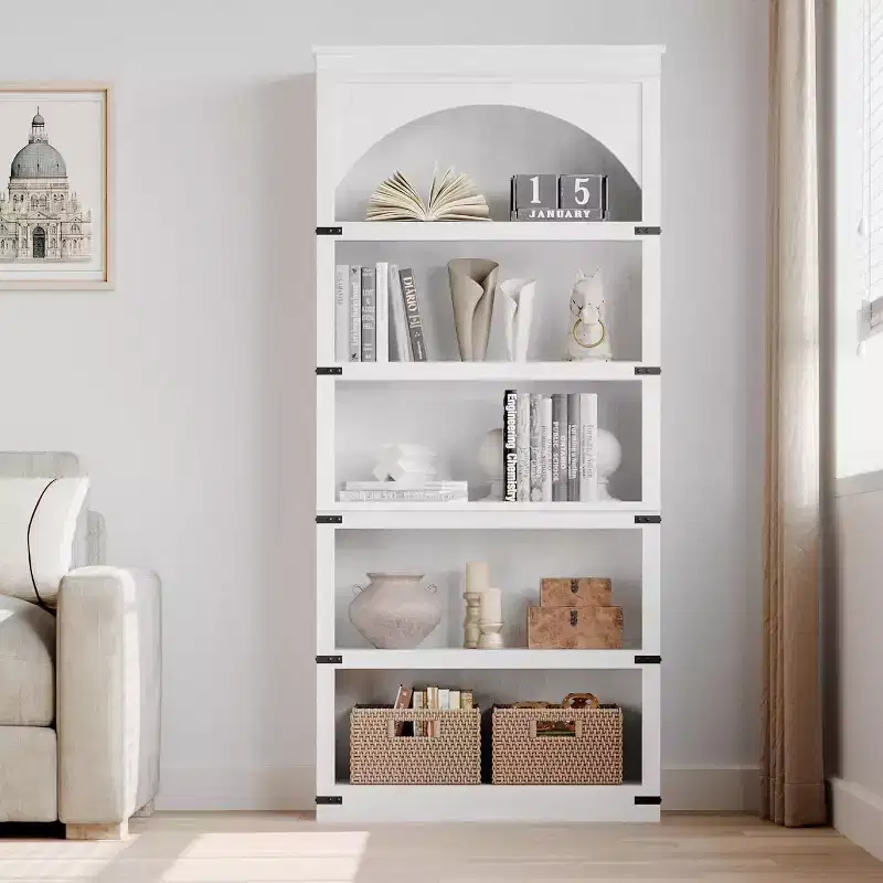 Acekool 5 Shelf Arched Bookcase, Farmhouse Rustic Wood Bookshelf with Metal Corner Guards, for Living Room