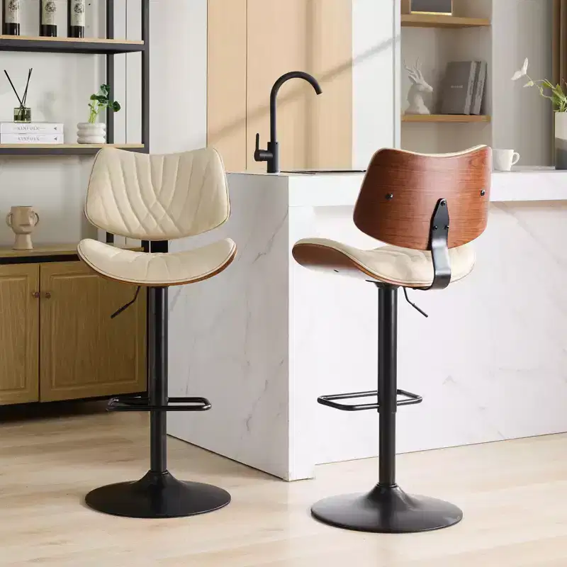 CLIHOME Walnut Bentwood Bar Stools Mid Century Modern Adjustable Counter Height Leather Upholstered 360 Swivel Bar Chairs, Beige