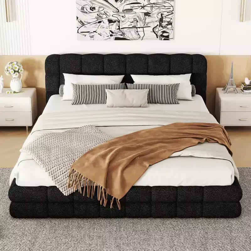 Queen Size Upholstered Wooden Platform Bed Frame with Velvet Headboard