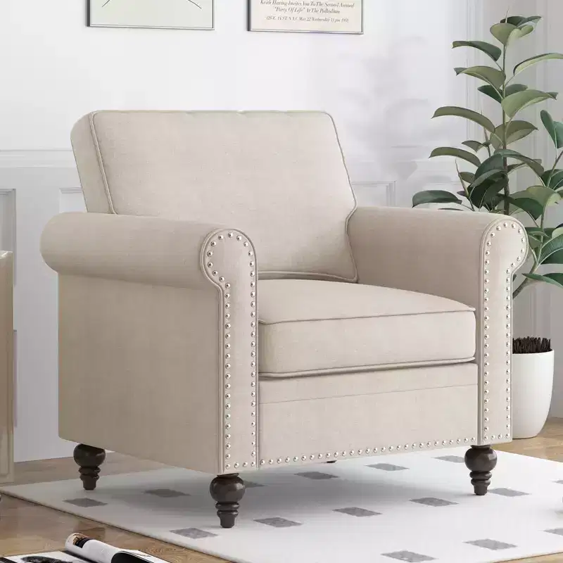 Modern Rivet Design Accent Chair Linen Fabric Armchair Single Sofa,Mid Century 1-Seater Sofa Couch for Home/Office/Apartment