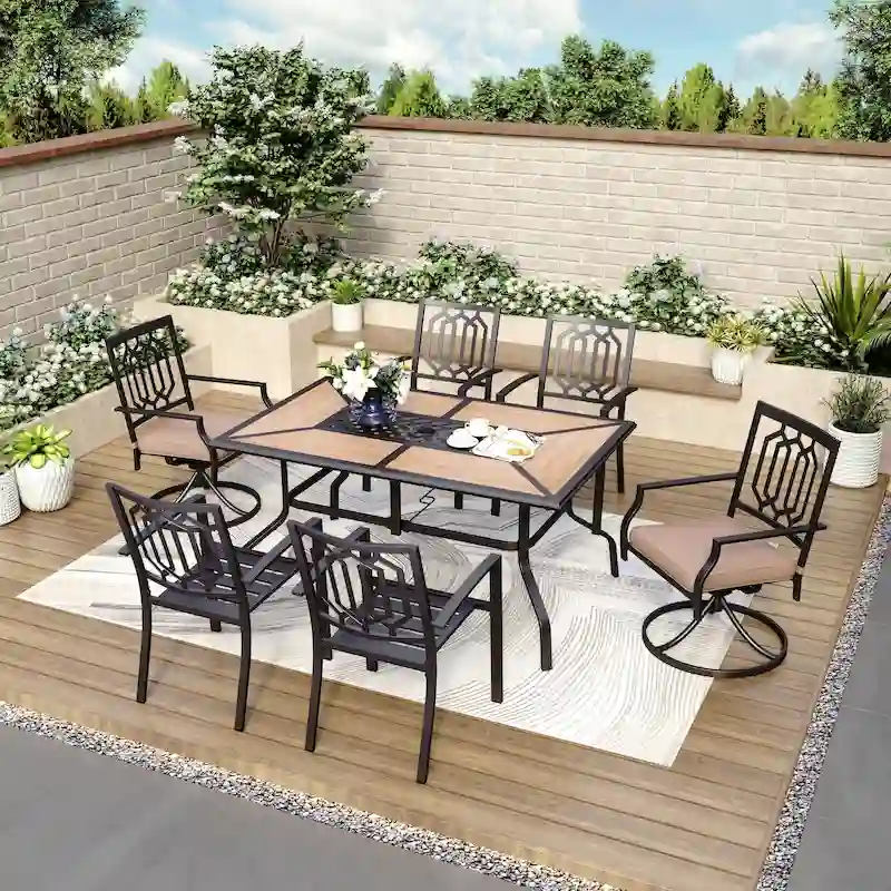 MAISON ARTS 7PCS Patio Dining Set, Large Rectangular Wood Like Top Table with 4 Metal Chairs and 2 Swivel Chairs