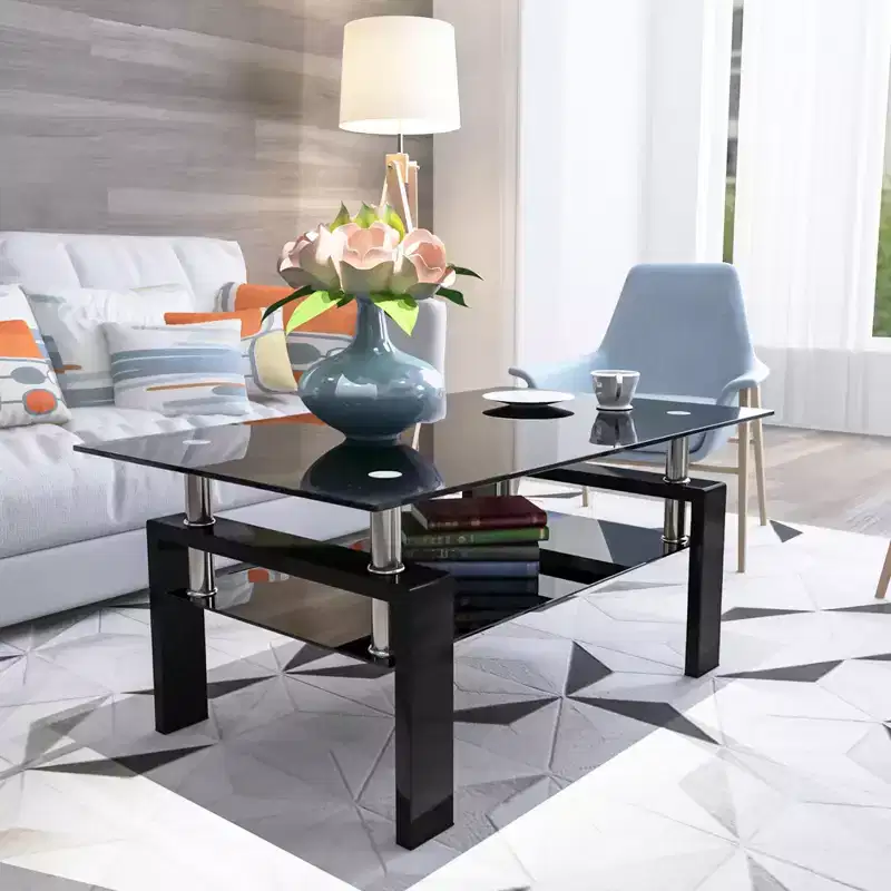 2-Tier Rectangle Glass Coffee Table – Black / Oak / Off White / Walnut / White, Seats 1