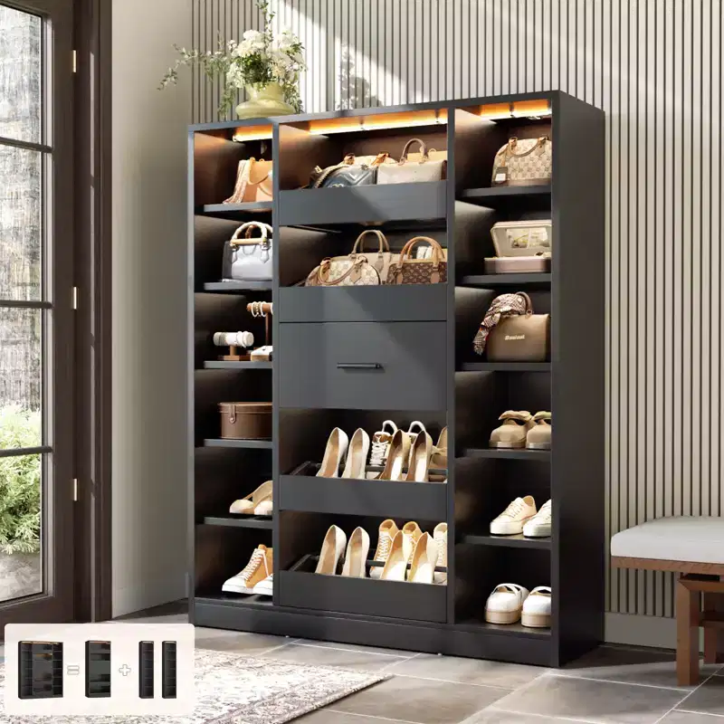 Wooden Shoes Cabinet with LED Lights, Freestanding Closet Organizer with Drawer and Shelves
