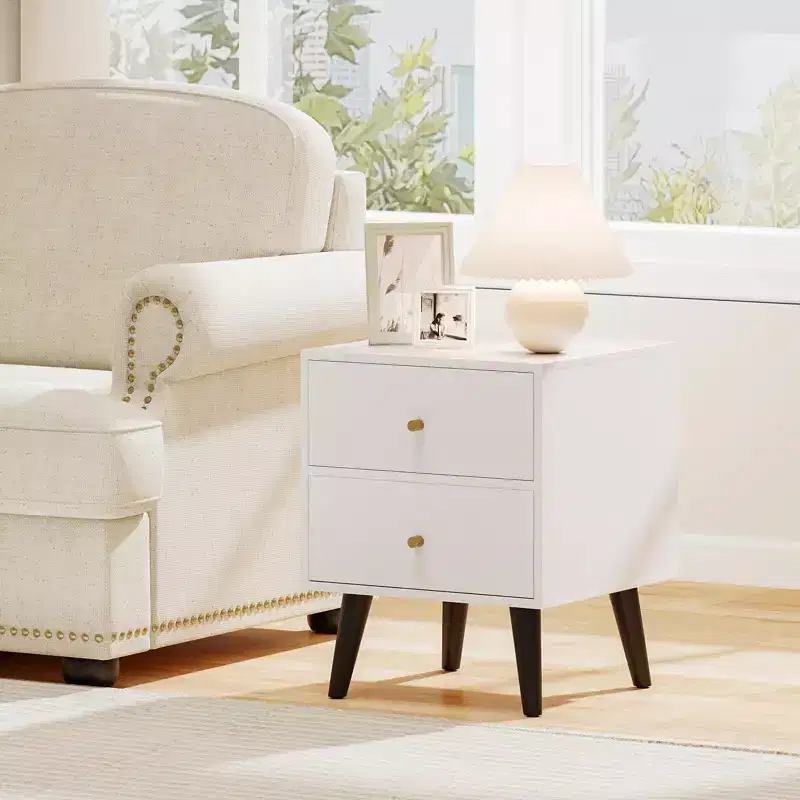 Costway 1/2 PCS Nightstand with 2 Drawer with Storage, Small Accent Table with Golden Knobs