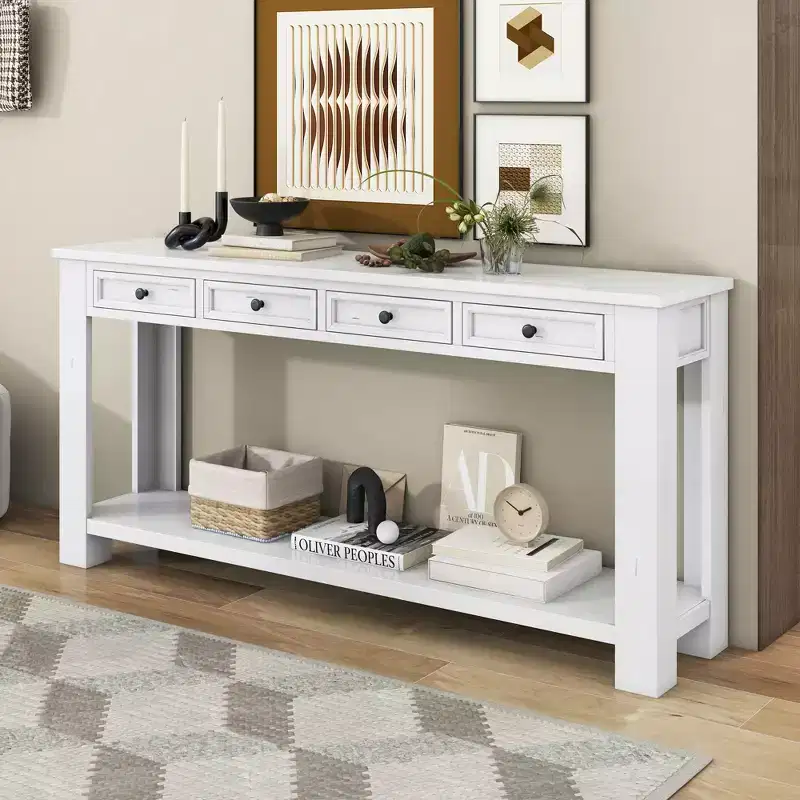 GDFStudio Lance Solid Wood Console Table with Drawers and Bottom Shelf