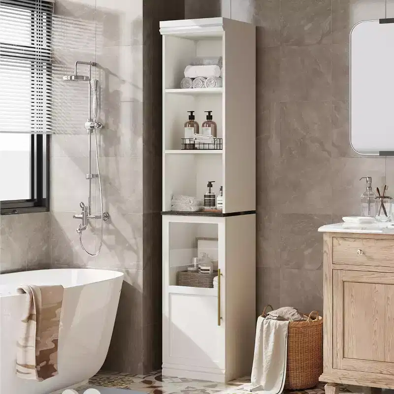 Slim bathroom cabinet with doors and open shelves, ideal for compact spaces. This tall, narrow floor-standing cabinet is suitable for kitchens