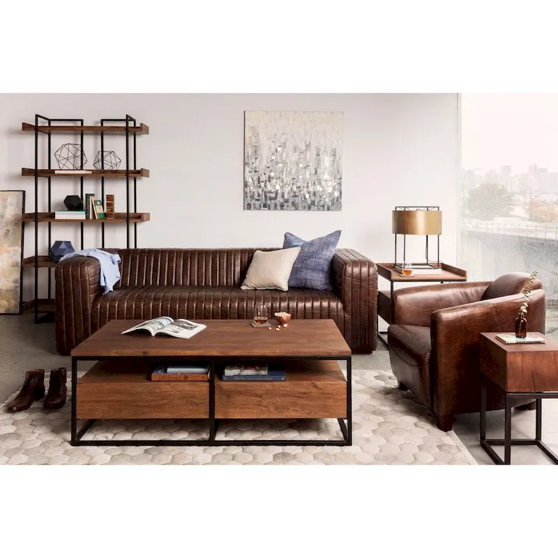 Modern Channel-Stitched Top-Grain Leather Sofa, 3-Seater