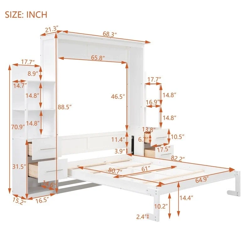 Queen Size Murphy Bed Wall Bed with Shelves, Drawers and LED Lights