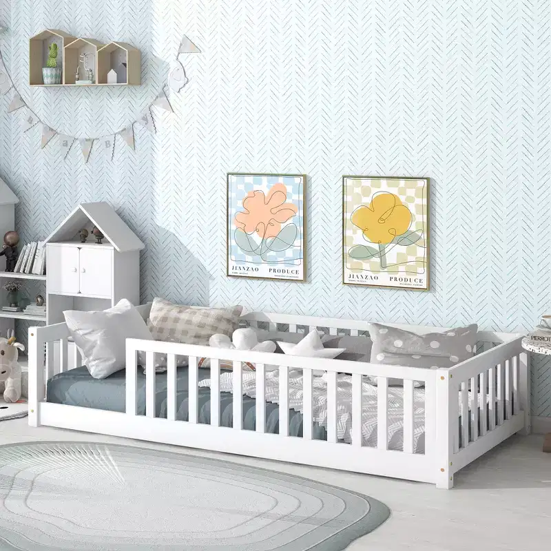 MAYEERTY Twin Floor Bed with Fence without Door, Rubber Wood Floor Guardrails White