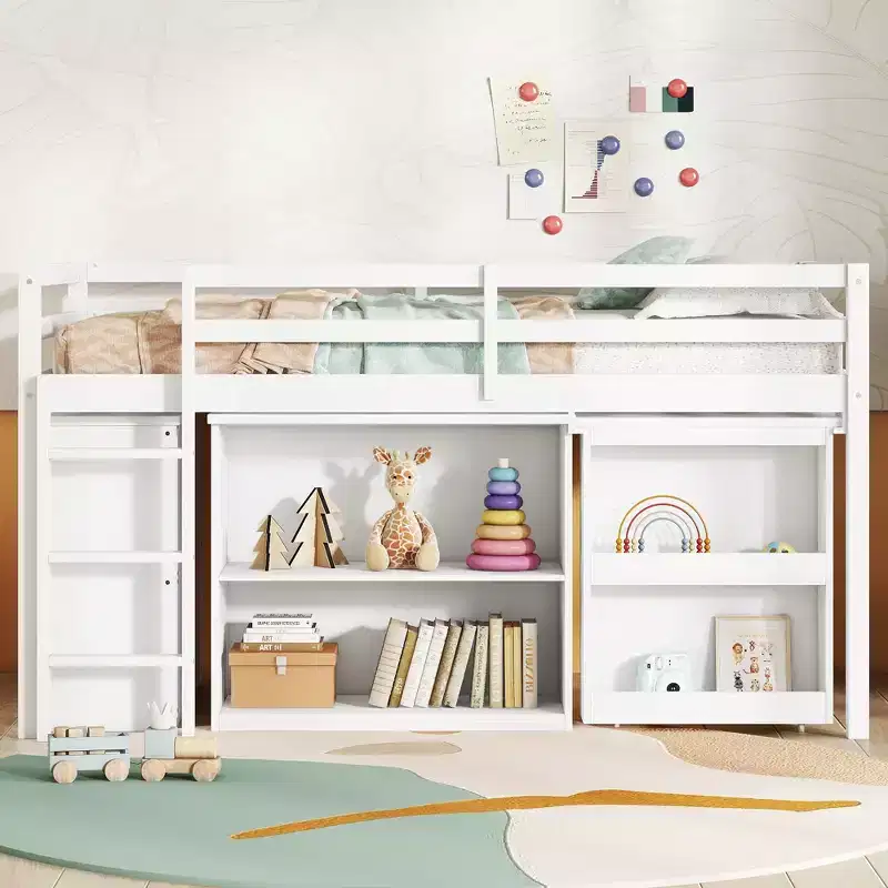 Twin Loft Bed with Drawer Cabinet, Shelf Cabinet and Pull-Out Desk, Rubber Wood Loft Bed with Guardrail Ladder White