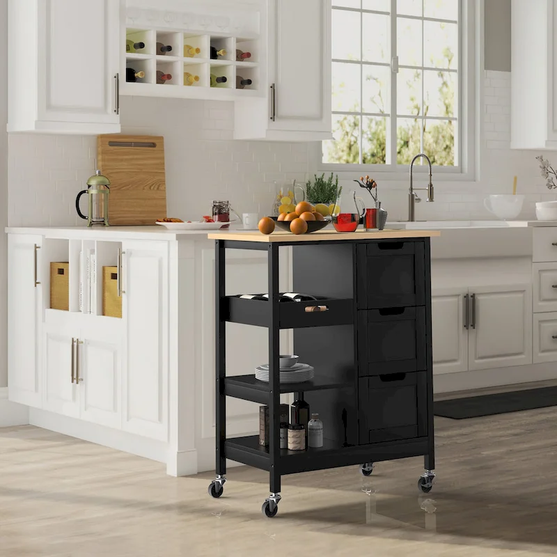 Rolling Kitchen Bar Trolley Serving Cart on Wheels with Wood Top
