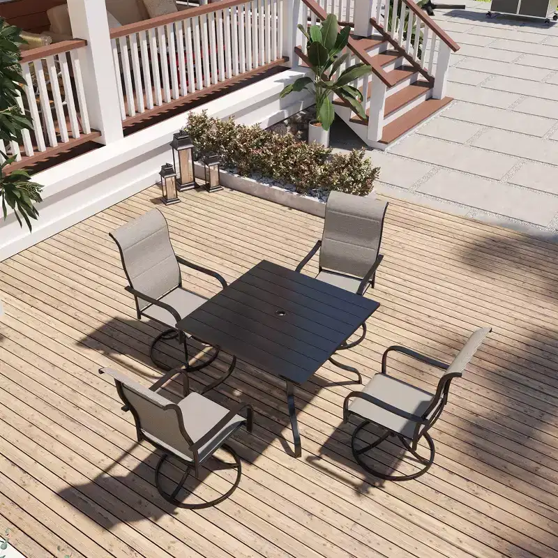 Mondawe 5-Piece Patio Dining Set,Square Table built-in Umbrella Hole & 360 Degree Swivel Chairs Outdoor Set