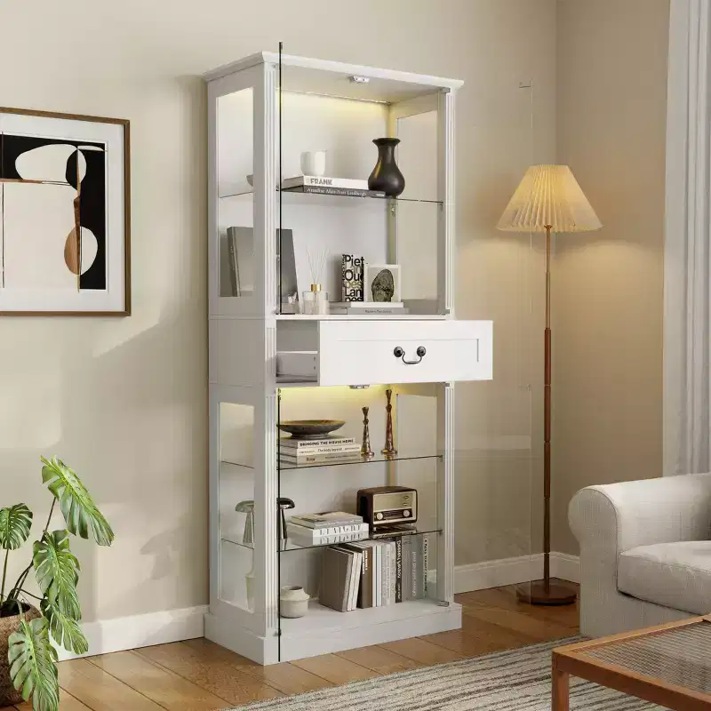 Hitow Freestanding Glass Display Bookcase 7-Color RGB Lighting + Clear Glass Doors/Shelves Tall Storage Bookshelf Cabinet with Drawer