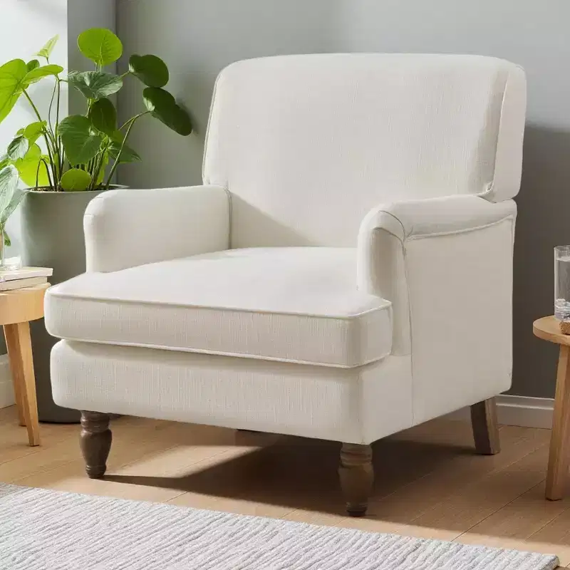 Polibi Linen-Blend Armchair with Rolled Arms & Turned Solid Wood Legs