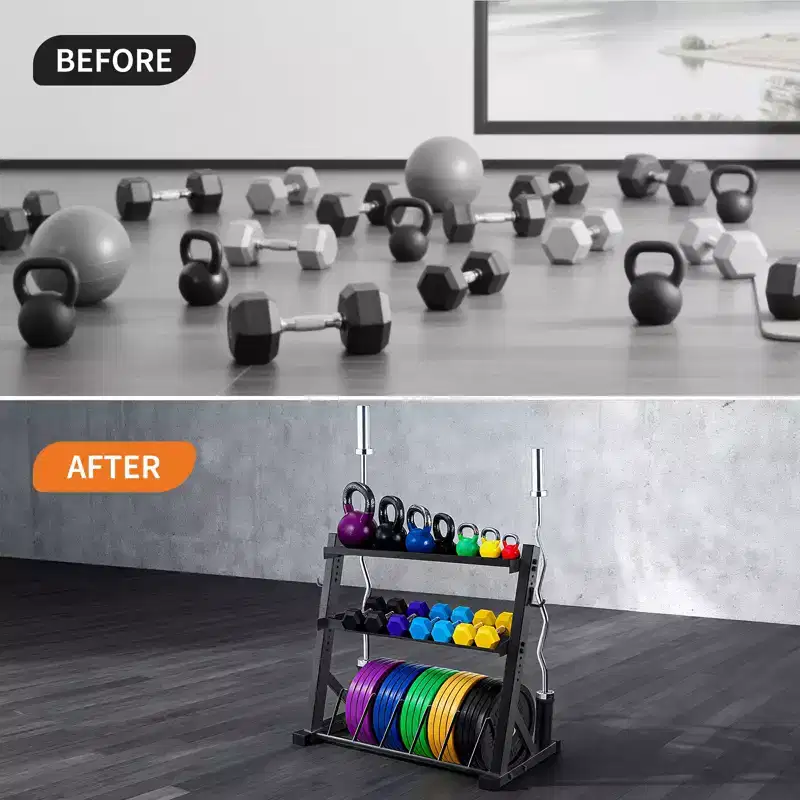 COZONY 3 Tier Barbell Storage Rack, 1000LB Capacity Heavy Duty Steel Organizer for Dumbbells & Kettlebells, Adjustable Height