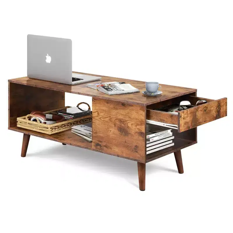 Wood Coffee Table with Sliding Top up to 50 TV, Modern Center Table with Open Storage Shelf for Living Room, Bedroom, Rustic Brown