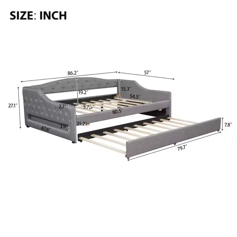 Bellemave Upholstered Full XL Size Daybed with LED Belt and Trundle, Gray