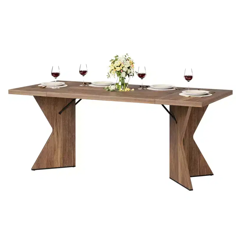 71in Modern Farmhouse Rectangular Dining Table for 6, Thickened Wood Tabletop with Sturdy V-Shaped Metal Legs for Kitchen, Dining Room or Office