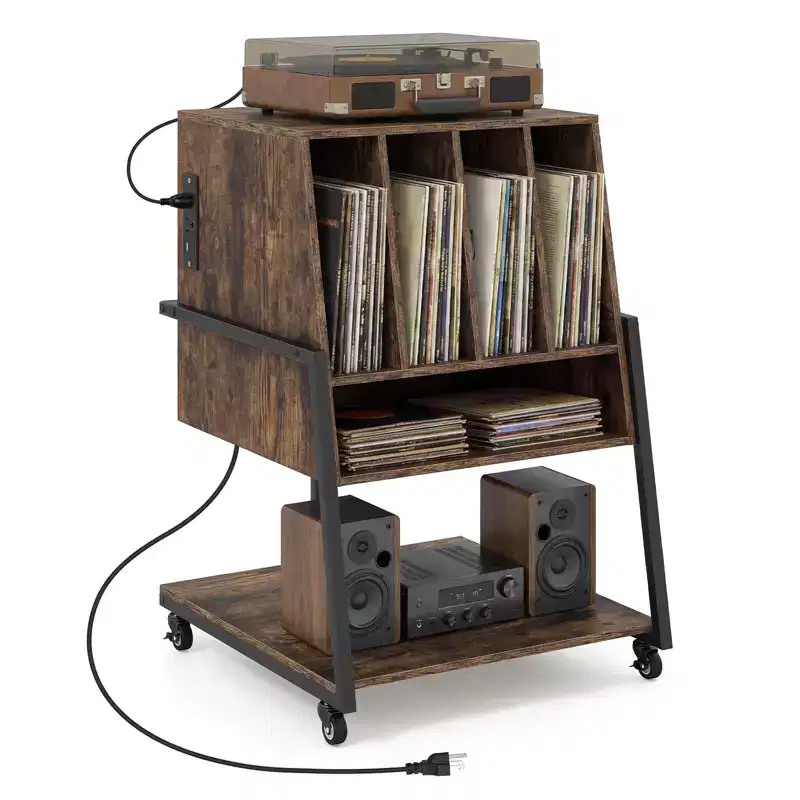 Costway Record Player Stand with Charging Station, Vinyl Record Storage Organizer Brown Rustic Brown/Black