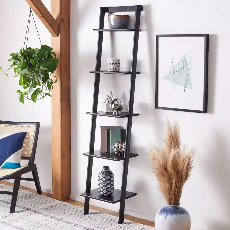 5-Tier Leaning Etagere Ladder Bookshelf, Mahogany & MDF