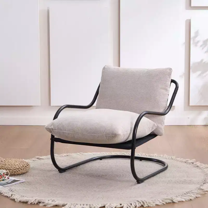 Modern Curved Accent Chair with Faux Linen Upholstery, Comfy Lounge Chair with Metal Frame & Cushions