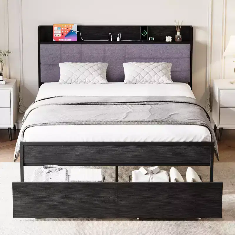 Grey Upholstered Platform Bed Frame with Storage Drawers & Charging Station