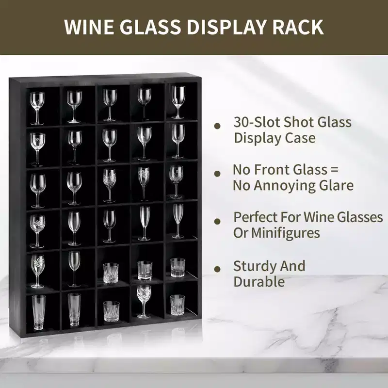 2 Pcs Shot Glass Display Case, Black Wooden Shot Glass Shelf with Removable Shelves, Wall Mounted Shadow Box Thimble Display Case, 30 Slots