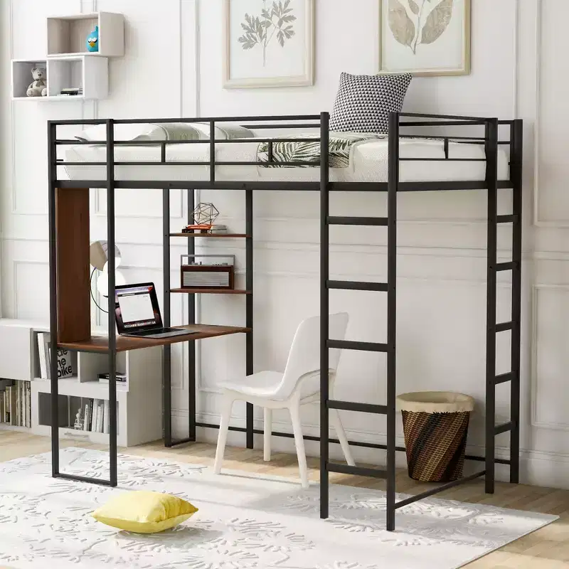 Whisen 42.1'' W x 79.5'' L Twin Size Metal Loft Bed with Built-in Desk, Shelf and Ladder, Strong Metal Frame