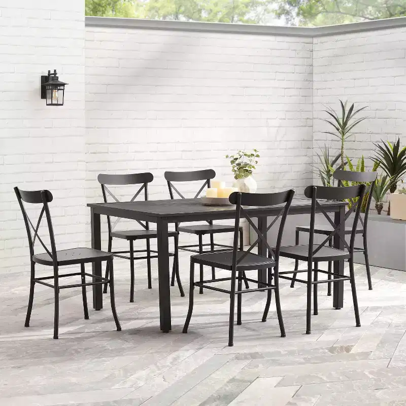 Astrid 7pc Outdoor Metal Dining Set - Matte Black - Crosley: Weather-Resistant, 6 Armless Chairs, Rectangular Table with Umbrella Hole