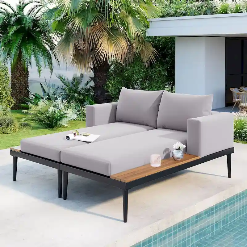 Modern Outdoor Daybed Patio Metal Daybed with Wood Topped Side Spaces for Drinks, 2 in 1 Padded Chaise Lounges