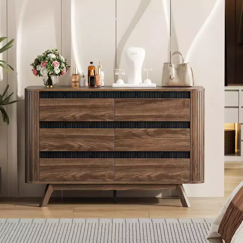 Modern Wood 6 Drawer Double Dresser Curved Roller Shutter Design Large Storage Chest of Drawers Bedroom Furniture Living Room Organizer