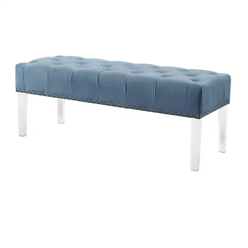 Tufted Velvet Upholstered Bench With Acrylic Leg, Blue