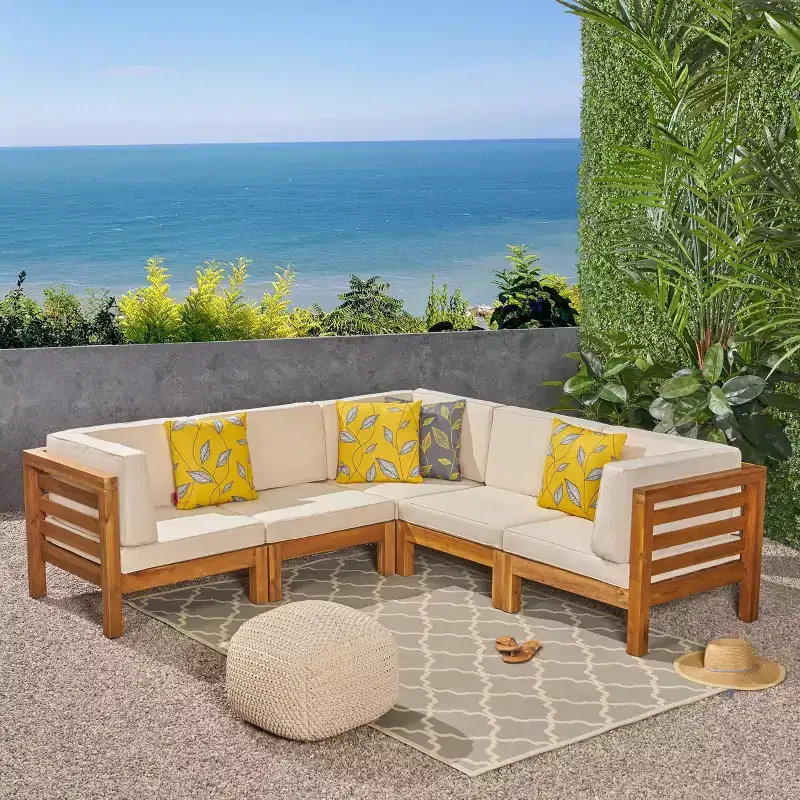 Oana 5pc Acacia Wood V-Shaped Sectional Sofa Set Teak/Beige - Christopher Knight Home: Weather-Resistant, Contemporary Design
