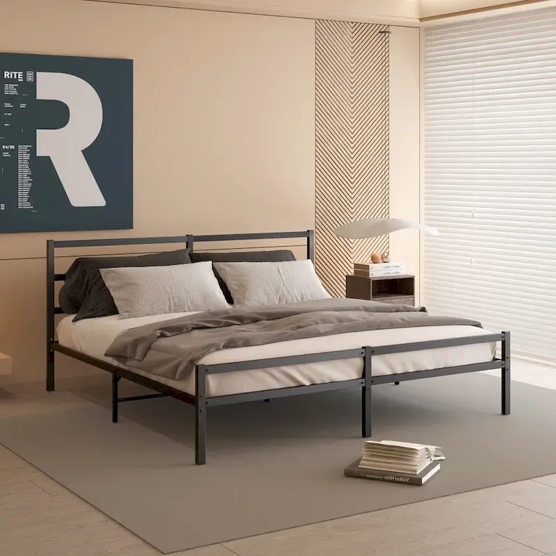 Black Metal King Platform Bed Frame with Headboard - Upgraded Folding Design