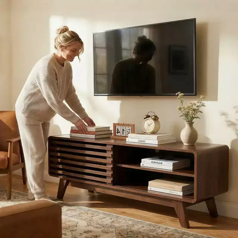 JVNOXK Mid Century Modern TV Stand with Storage, Slatted Sliding Door Media Console for Living Room