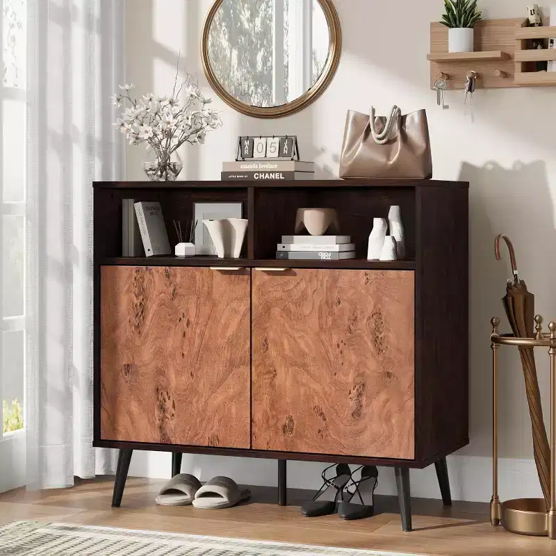 Kitchen Buffet Storage Cabinet with Barn Doors, 31.5 Farmhouse Rustic Wooden Sideboard Buffet with Storage Open Compartments for Entry, Living Room