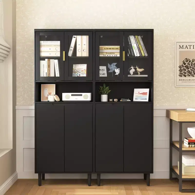 Okak Tall Bookshelf with Adjustable Board, Freestanding Storage Shelves with 4 Tempered Glass Doors, Display Case for Living Room, Office, Black