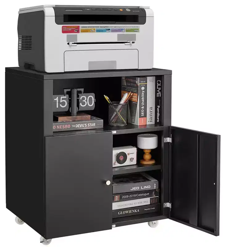 Heavy Duty Mobile Metal Printer Cabinet with 2 Doors & Storage Shelf, Under Desk Printer Stand, Rolling File Cabinet for Home Office,Garage, Workshop