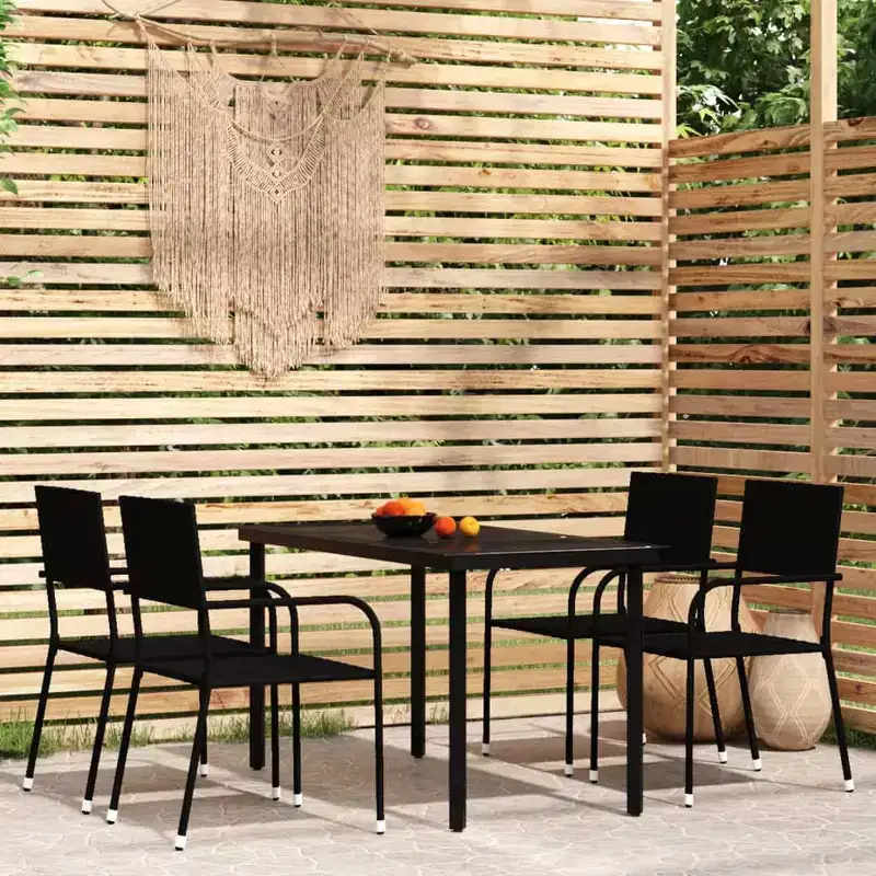 vidaXL Garden Dining Set Black Steel, PE Rattan Standard Stackable - 55.1 Table Length Black 4 Items
