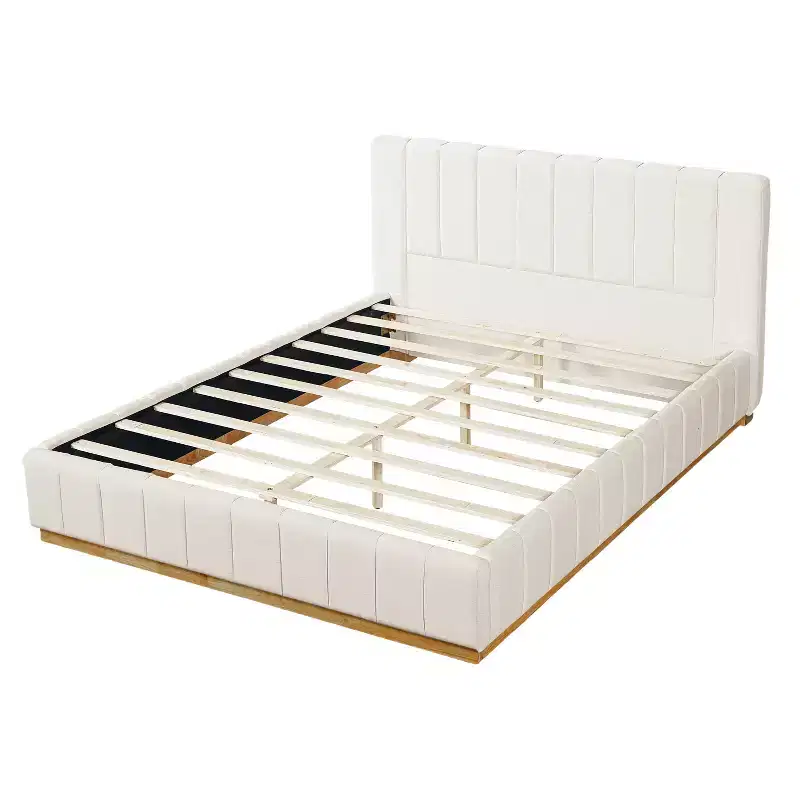 Rubberwood & Polyester Upholstered Platform Bed with Striped Headboard Queen/King