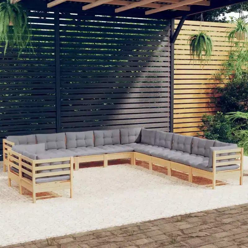 vidaXL 11 Piece Patio Lounge Set with Gray Cushions Solid Pinewood